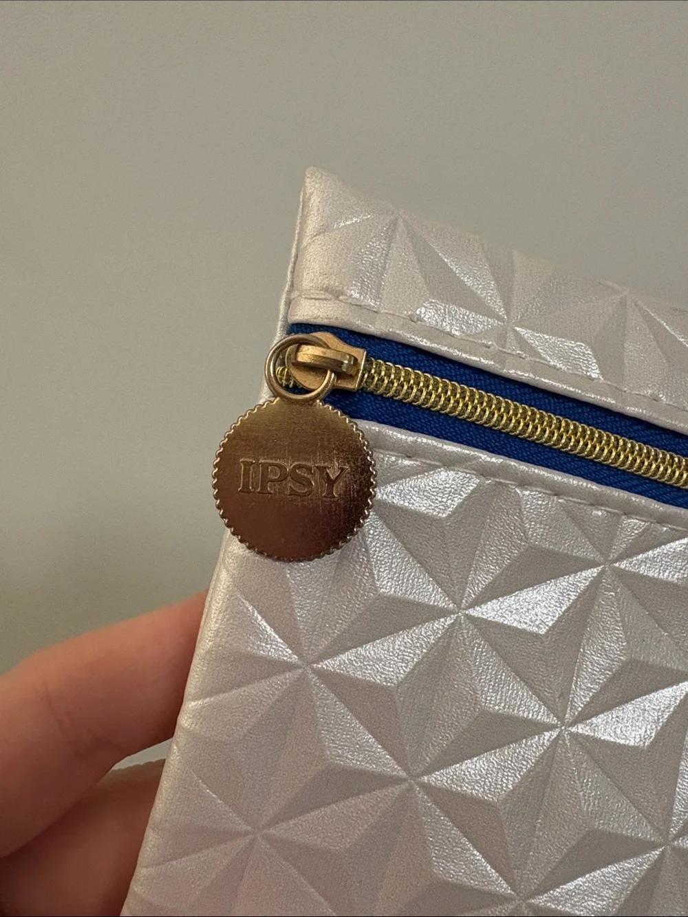 ipsy Silver Geometric Embossed Cosmetic Pouch with Navy Trim